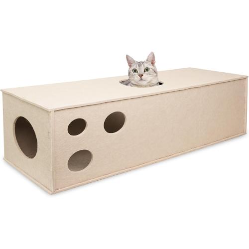 PETKARAY Cat Tunnel, Original Cat Hideaway Cave for Indoor Cats, Large Kitten Play Tubes and Tunnels, Soft Felt Cat Toy with Interactive Peek Hole, Beige Straight