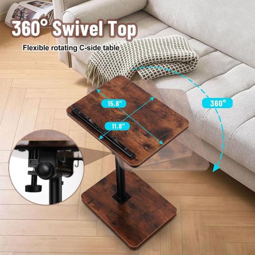 TV Tray Table for Couch, 360° Swivel/Height Adjustable / 180° Flip, C Shaped End Table with Book Clip for Sofa/Bed/Bathtub with Phone & Tablet Slot (Rustic)
