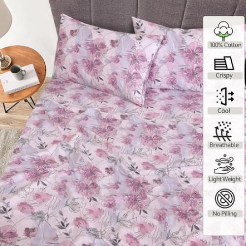 RUVANTI 100% Cotton Sheets – Queen Size Percale Bedding, Cooling & Breathable Floral Design, Durable with a Crisp, Soft & Comfortable Feel, 16 Deep Pocket, 4-Piece Set, Lilac Floral