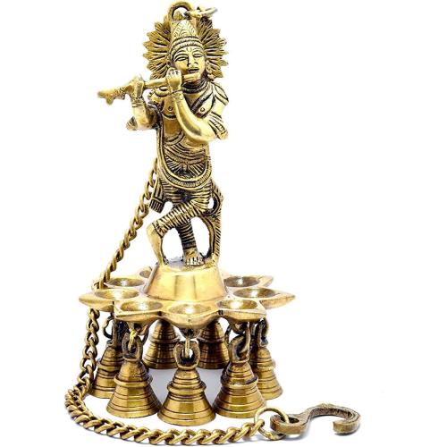 eSplanade - Krishna Wall Hanging Diya with Bells & Chain | Oil Lamp | Home Decor | Diya, Deepak, Deepam - Brass
