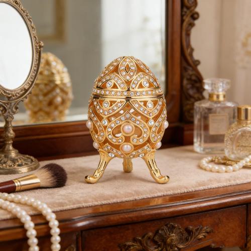Faberge Egg Jewelry Trinket Box with Hinged Classic Hand-Painted Ornaments Metal Vintage Craft Gift for Home Decor, Gold