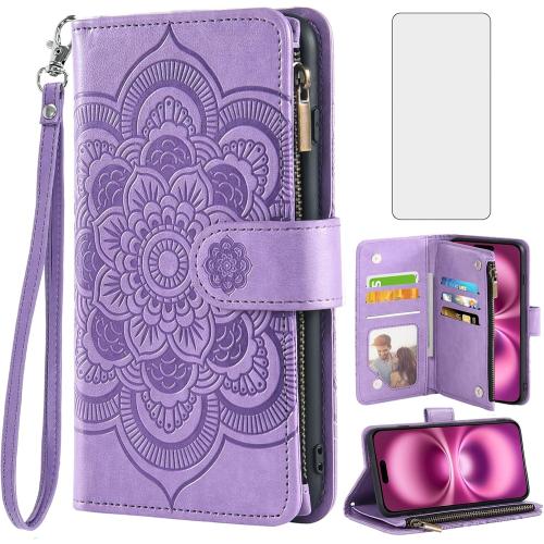 Asuwish Compatible with iPhone 16 Plus 6.7 inch Wallet Case and Tempered Glass Screen Protector Flower Leather Flip Credit Card Holder Cell Phone Cover for i Phone16 16  i16   16Plus Women Men Purple