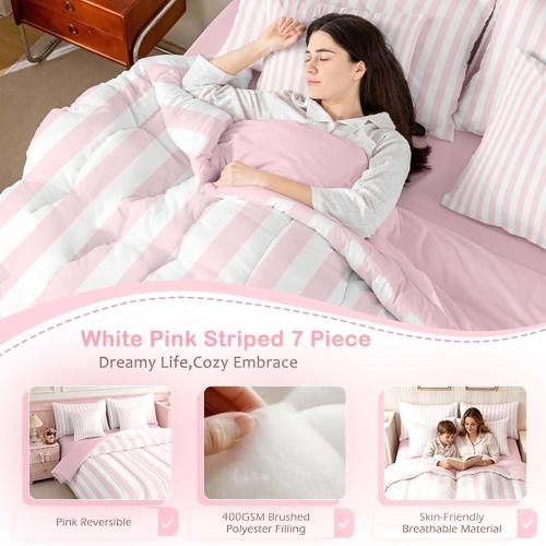 Feelyou White Pink Striped Comforter Set with Sheets 7 Piece Full Size Striped Bed in a Bag Kids Boys Girls Bedding Set Basic Simple Bedroom Decor Breathable Soft Lightweight Microfiber