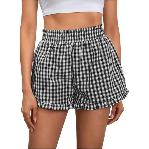 MakeMeChic Women's Gingham Shorts Ruffle High Waist Lounge Pajama Bottom