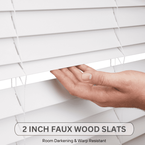 Lotus & Windoware Cordless 2 Faux Wood Room Darkening Horizontal Blind, 35 W x 60 L, Smooth, Snow White