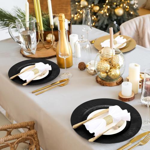 Tanlade 50 Pcs Charger Plates Bulk, 13 Inch Plastic Round Charger Dinner Plates Elegant Wedding Serving Plate for Event Tabletop Wedding Party Bridal Baby Shower Decor (Black)