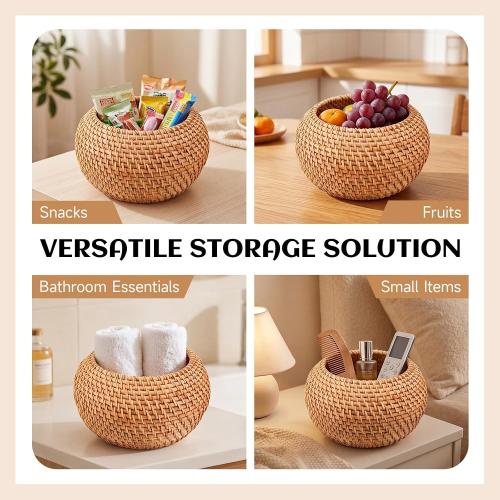 2 Pack Handwoven Round Rattan Storage Baskets with Lids, Small Decorative