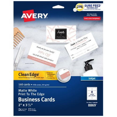 Avery Clean Edge Printable Business Cards with Sure Feed Technology, 2 x 3.5, White, 160 Blank Cards for Inkjet Printers (8869)
