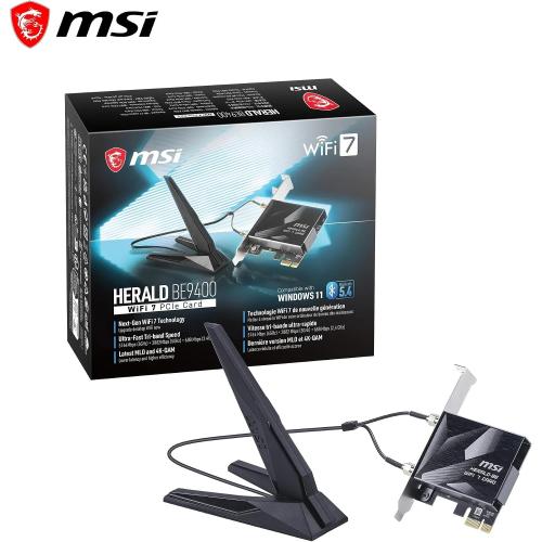MSI Herald BE9400 PCIe Card WiFi 7 Three-Band for Desktop, Bluetooth 5.4, 6GHz, MLO, 320MHz, 5.8 GB/s