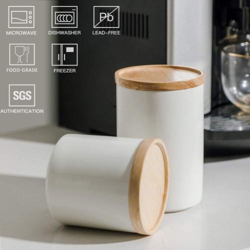 Sweejar Kitchen Canisters Ceramic Food Storage Jar, Stackable Containers with Airtight Seal Wooden Lid for Serving Ground Coffee, Tea, Sugar, Salt and More - 16 Fl Oz (White)