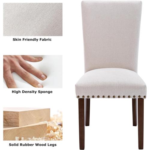 COLAMY Upholstered Parsons Dining Chairs Set of 2, Fabric Dining Room Kitchen Side Chair with Nailhead Trim and Wood Legs - Beige,No Table
