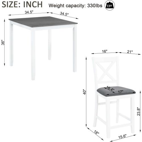 KEIKI 5-Piece Standard Height Dining Table Set with Square Table and 4 X-Shaped Backrest Upholstered Chair, for 4 Person, Modern Wooden Table Set, Easy Assembly, for Kitchen, Dining Room, Grey White