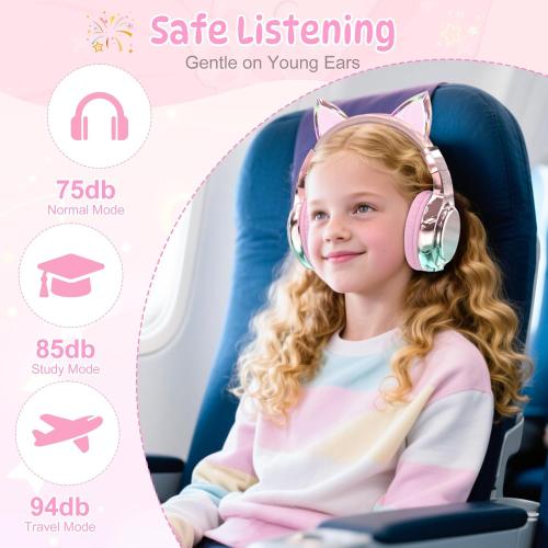 QearFun Kids Cat Ear Bluetooth Headphones, 60H, 74/85/94dB Volume Limit