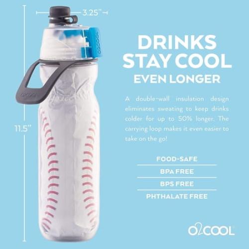 O2COOL Mist 'N Sip Misting Water Bottle 2-in-1 Mist And Sip Function With No Leak Pull Top Spout Reusable Sports Water Bottle - 20 oz - Baseball