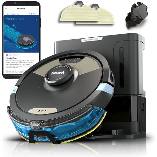 Shark Robot Vacuum & Mop Combo, Powerful Suction, Matrix Plus, 60-Day Debris Capacity, HEPA Bagless Self Empty Base, Sonic Mopping, Home Mapping for Pet Hair - Carpets & Hardfloor, AV2610WA