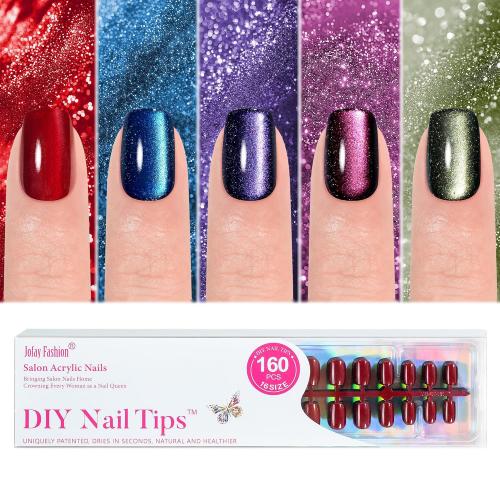 Cat Eye Press on Nails Short 5 Styles, Jofay Fashion 160Pcs Salon-Like Fake Nails with Glitter Chasing Light Cat Eye Designs, Valentines Artificial Acrylic Nails Glue on Nails Stick on Nails for Women