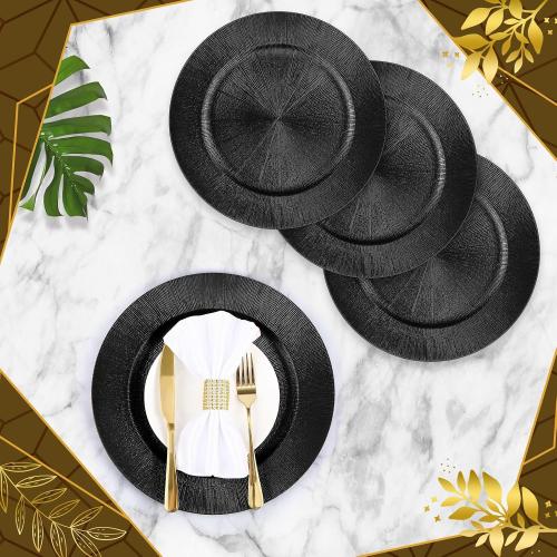 Tanlade 50 Pcs Charger Plates Bulk, 13 Inch Plastic Round Charger Dinner Plates Elegant Wedding Serving Plate for Event Tabletop Wedding Party Bridal Baby Shower Decor (Black)