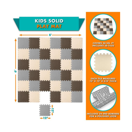 ProsourceFit ProSource Kids Floor Play Mat 3/8-in, 36 Sq Ft - 36 Tiles - Brown - 36