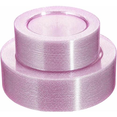 WDF 120pcs Pink Plastic Plates Disposable - Clear Pink Glitter Plates including 60PCS Dinner Plates 10.25inch and 60PCS Salad Plates 7.5inch for Wedding/Baby Shower/Spring/Birthday