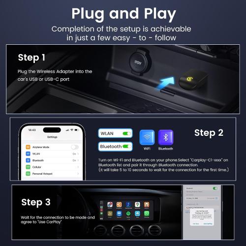 Wireless CarPlay Adapter for iPhone - Convert Wired to Wireless, Mini USB Design, Plug & Play - Compatible with Cars with Apple CarPlay - Includes USB-C Cable - Fast Connection, No Latency