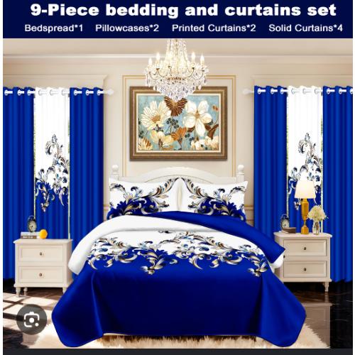 Size cal king Baroque Style Luxury 9pcs Bedding And Curtains Set, 1 Baroque Bedspread, 2 Pillowcases, 4 Solid Curtains, 2 Baroque Printed Curtains, All Seasons