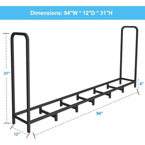 8ft Firewood Rack Holder, Adjustable Heavy Duty Fire Log Stacker Stand for Fireplace, Outdoor Indoor Metal Wood Pile Storage Organizer, Patio Logs Stand tool, Black