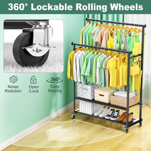 COLOR WHITE ❗❗Double Rods Clothes Rack for Hanging Clothes, Heavy Duty Rolling Clothing Rack with Wheels, Freestanding Garment Racks with Oxford Bottom Shelf and Mesh Bottom Shelf for Bedroom Laundry Living Room