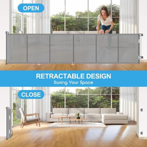 EZIGO 120 Inch Retractable Baby Gates Extra Wide Reinforced Baby Dog Gate | 34 Inch Tall Retractable Dog Gate with Reinforced Strip Mesh Safety Pet Gate for Stairs Hallway Doorway Indoor Outdoor, Gray