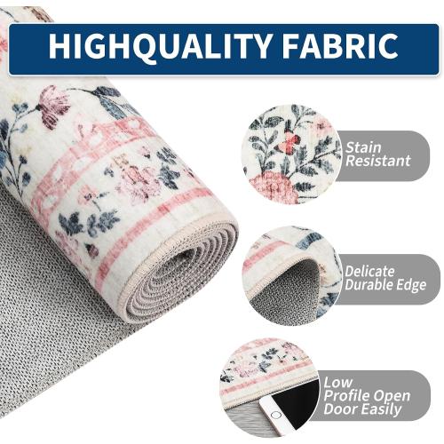 8x10 Vintage Farmhouse Area Rug for Living Room, Washable Floral Distressed Carpet, Non-Slip Low-Profile Soft Rugs for Nursery Bedroom Dining Home Office, Pink