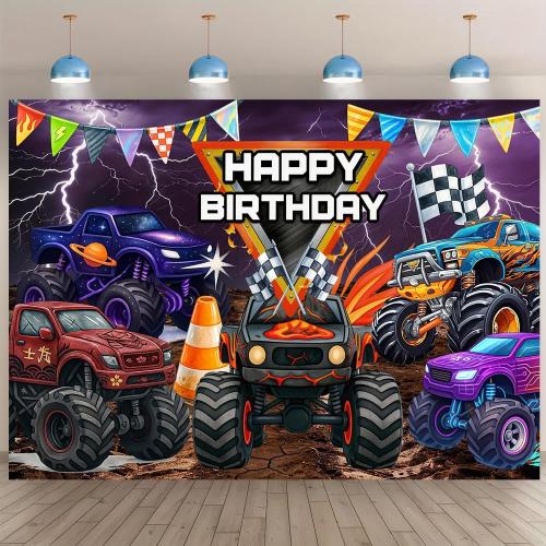 Monster Truck Birthday Decorations for Boys， Monster Truck Happy Birthday Backdrop Banner Kids Birthday Party Decorations Monster Car Birthday Banner for Boys Racing Car Themed Party Supplies