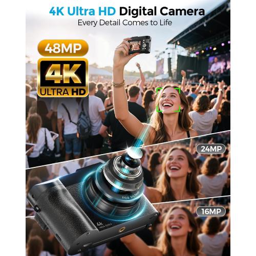 4K Digital Camera for Photography- 48MP Autofocus Vlogging Camera with 2.8 180° Flip Screen, 16X Digital Zoom- Compact Point and Shoot Camera with 64GB SD for YouTube, Travel, Beginners