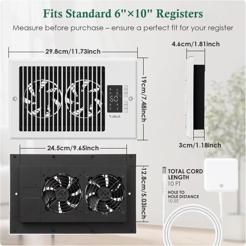 VallisCo Register Booster Fan 6 x 10 with Negative Ion, Manual Airflow Direction Control, Quiet 10-Speed Heating Cooling AC Vent Fan with Remote & Thermostat Control for Wall Floor, White