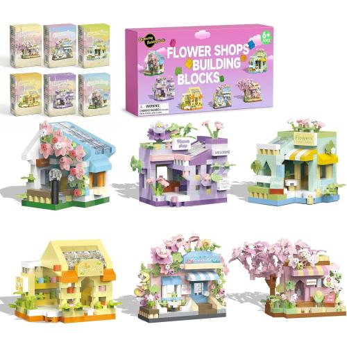 QISHOUTING 6 Packs Mini Flower Shops Building Set, 1165PCS-Party Favors for Kids, Creative Botanical Collection Garden Playset Micro Building Toy, Home Decor and Office Art Gift Women, Mom, Girls