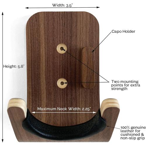 Guitar Wall Mount Hook: Modern Design Walnut Wood Guitar Hanger for Storage & Display. Heavy Duty Ply Guitar Holder for the Wall. Hangers Stand for Acoustic Guitars, Ukulele, Bass, Violin, Cello