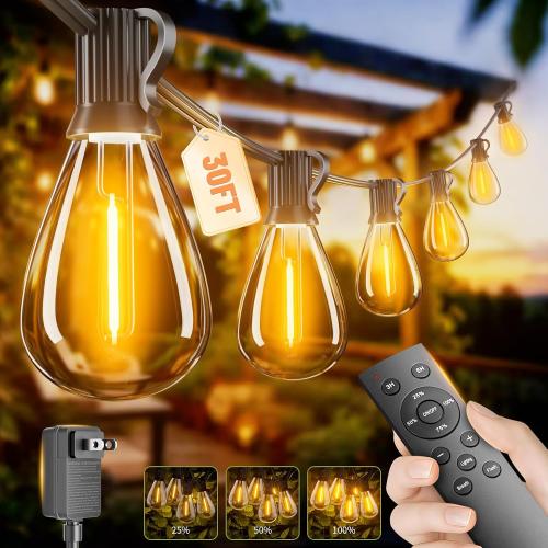 30FT Outdoor String Lights with Remote & Dimmable, 10 1 Shatterproof Waterproof Bulbs, Dimmable Outside Hanging Patio Lights for Backyard, Porch, Deck, Garden 2200K Warm White