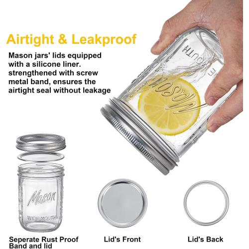 WELLIFE 6-Pack Mason Jars 16 oz with Lids – Wide Mouth Glass mason jars, Airtight Leak-Proof canning jars 16 oz for Food Storage, Fermenting, Pickling, Freezing, and Crafts