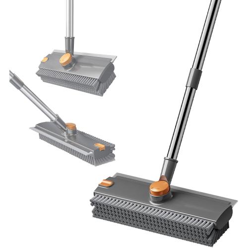 Floor Scrubbing Brush with Squeegee,2 in 1 Grout Brush with 54 Adjustable Long Handle,V-Shape Stiff Brush Bristle,360°Rotation,Bathroom Cleaning Brush for Tile,Deck,Garage,Kitchen,Swimming Pool,Grey