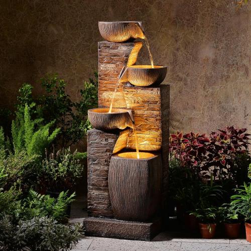 38.2 Tall Outdoor Water Fountain,Stone Texture Modern 4 Tiers Cascading Bowls Garden Fountains Outdoor,Suit for Patio, Deck, Porch, Lawns, Backyard and Home Art Decor