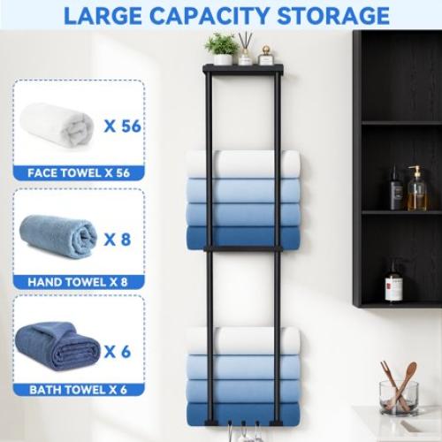 Towel Racks for Bathroom HONEIER 3 Tier Towel Holder with Shelf & 6 HooksWall Mounted Vertical Rolled Towel Storage Organizer Holder Towel Shelf Organizer for Toilet, Black