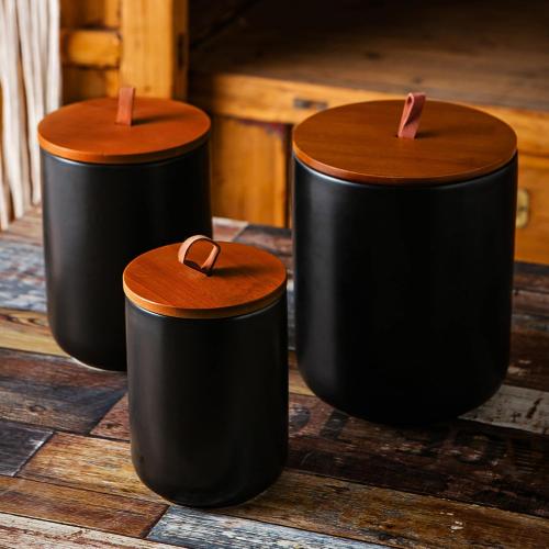 JOJUNO Black Ceramic Canister 3 Piece with Airtight Bamboo Lid
