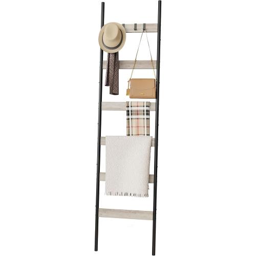 Blanket Ladder, 6-Tier Towel Holder with 4 Removable Hooks, Farmhouse