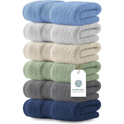 White Classic Luxury Multicolor Hand Towels - 16x30, Turkish Cotton, 6 Pack