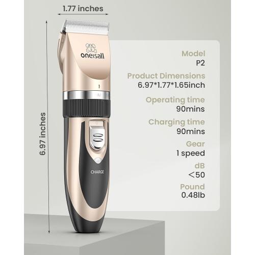 oneisall Dog Clipper Low Noise, Dog Grooming Kit with Rechargeable, Pet Shaver Cordless Electric Quiet Hair Clipper Set for Dogs Cats Pets（Gold）