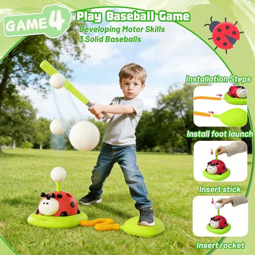 5 in 1 Musical Jump, Bean Bag Toss Ring Game, Baseball Toys and Stomping Launch Rocket Launcher for Kids Remote Control Indoor Outdoor Sports Toys for Kids Ages 4-8 3-5 Birthday Easter Gifts
