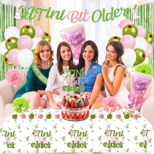 A Tini Bit Older Birthday Decorations, Green Pink Glitter A Tiny Bit Older Birthday Decorations Include Banner, Balloons, tablecolth, Cake Topper for Girls Martini Bachelorette Party Supplies