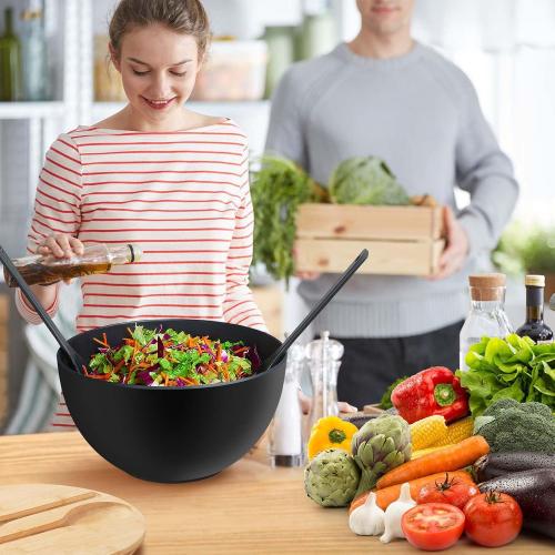 12.6 Extra Large Salad Serving Bowl Set with Wooden Lid&Utensils, 8.4Qt., Bamboo Fiber Salad Bowl with Servers for Kitchen, Big Bowl for Mixing Salad,Fruit,Pasta (Matte Black)