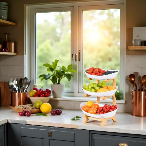 Fruit Bowl for Kitchen Counter, 3 Tier Plastic Serving Bowls with Bamboo Stand, Tiered Fruit Basket for Fruits Vegetable Storage, Cake, Dessert, Nuts, Snack, Salad for Party Wedding