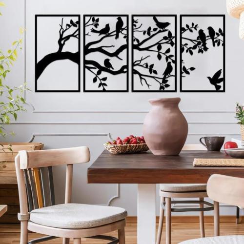ruelen Wall Decor 4 Pieces Large Metal Birds and Branch Wall Art, Tree of Life Metal Wall Art, Black Leaves with Birds Silhouette Hanging Wall Sculpture For Indoor Home Bedroom Living Room Outdoor Branch Rectangular Large