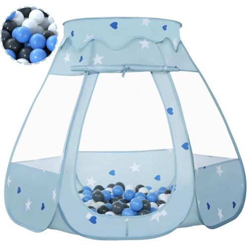 Baby Ball Pit for Toddler with 50 Balls, Kids Pop Up Play Tent for Girls, Princess Toys Gifts for Children Indoor & Outdoor Playhouse (Greyish-Blue: Gray/White/Babyblue, 109x90cm/50 Balls)