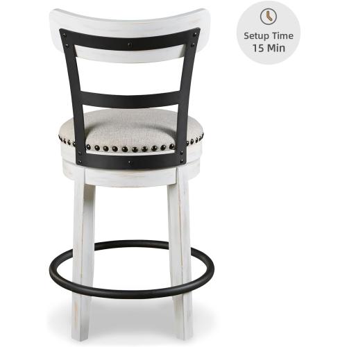 Signature Design by Ashley Valebeck | Modern Swivel 24.5 Counter Height Barstool – Rustic-Industrial Whitewash, Upholstered Cushion, 360° Swivel, Nailhead Trim